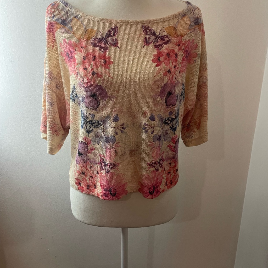 Whimsical Butterfly Floral Print Cropped Knit Top